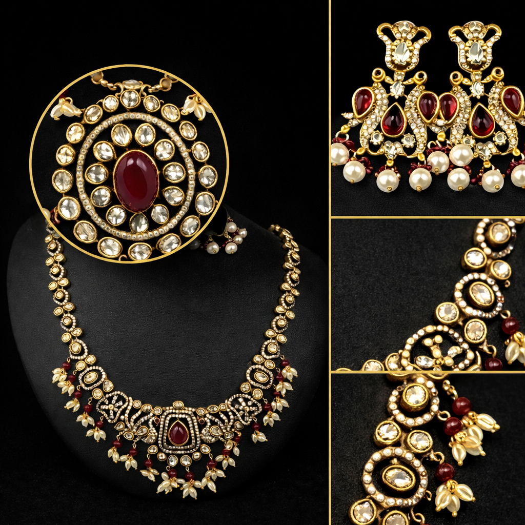 Antique Kundan Ruby Pearl Necklace Set