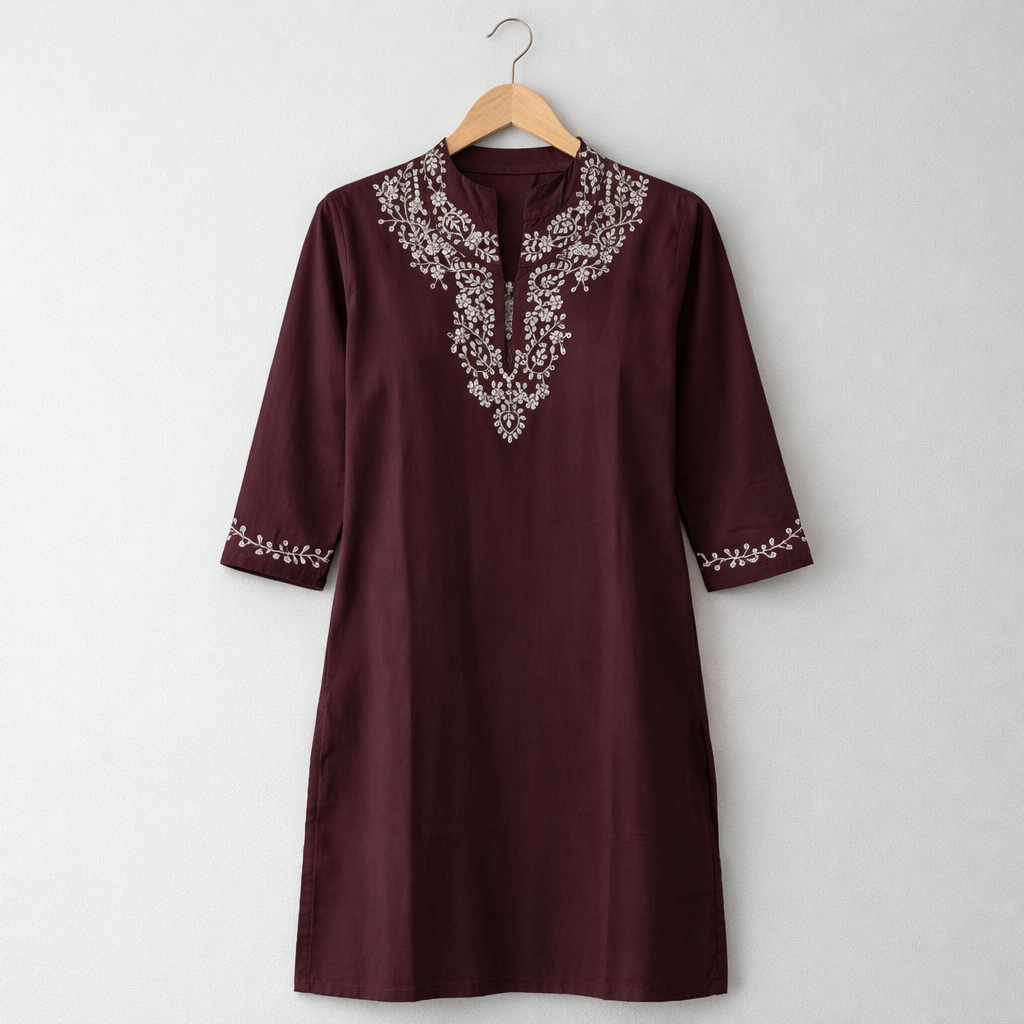 Wine Elegance Embroidered Kurti