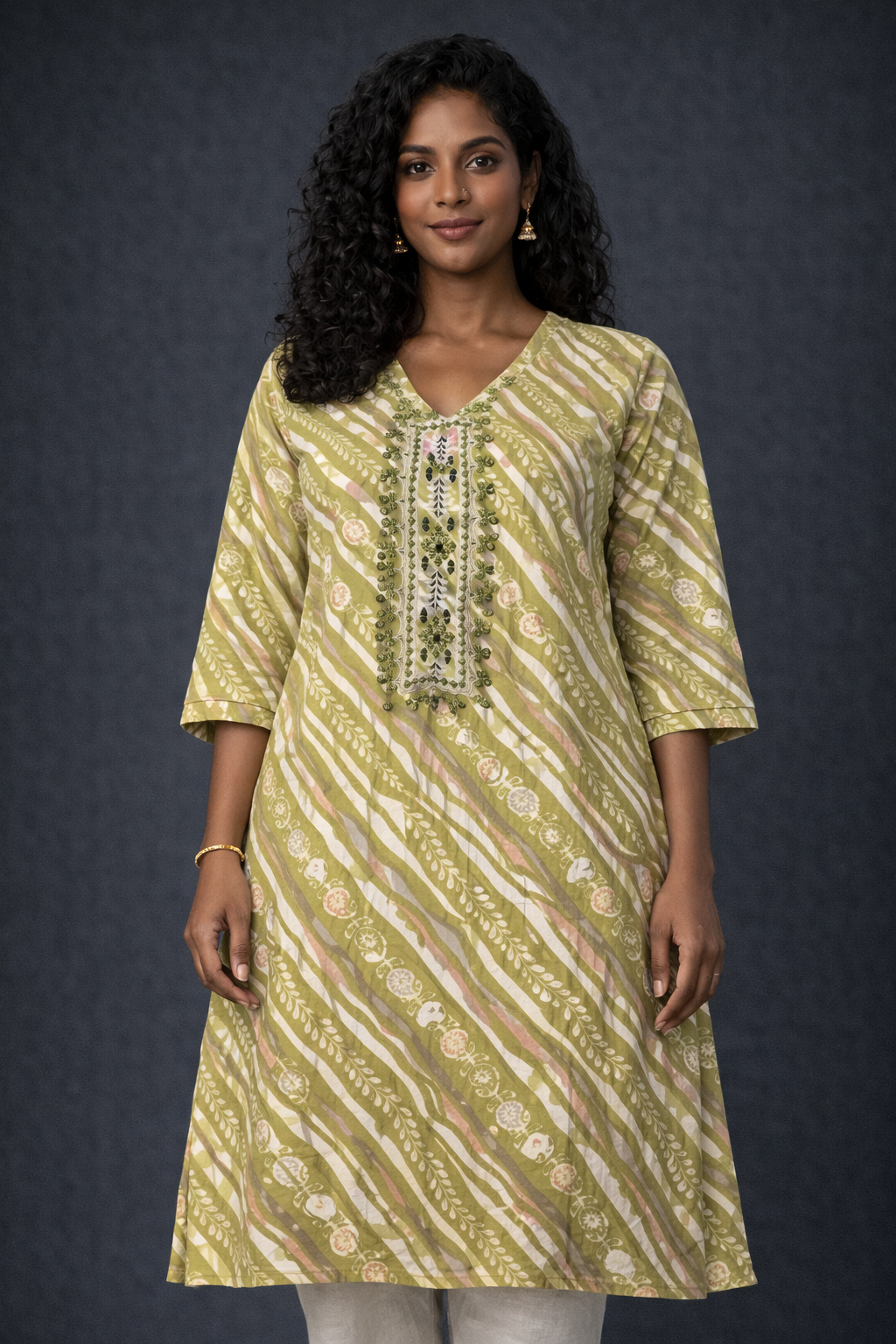 Olive Green Printed Embroidered Kurti