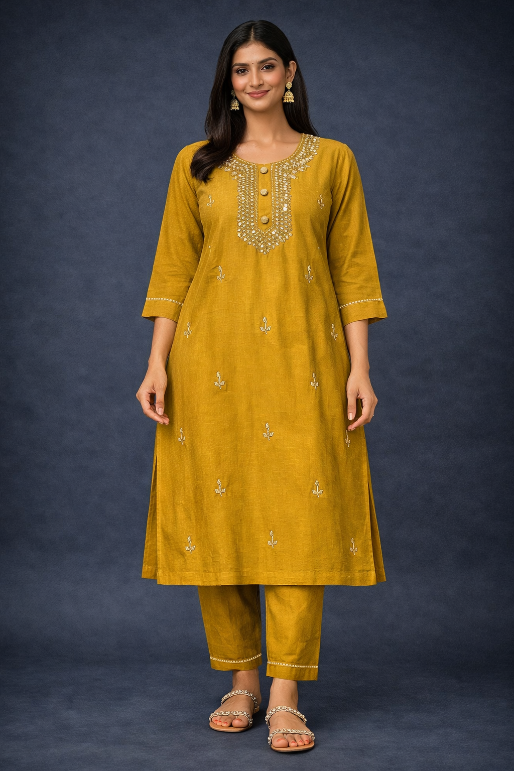 Mustard Yellow Embroidered Kurti