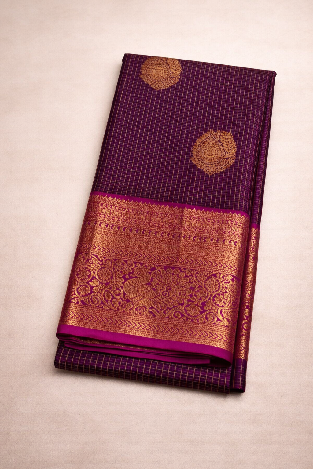 Royal Purple Pure Silk Saree with Contrast Rose Blouse & Rich Gold Zari Border