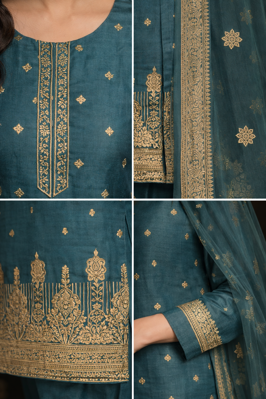 Steel Teal Zari Embroidered Silk Kurti Set with Dupatta