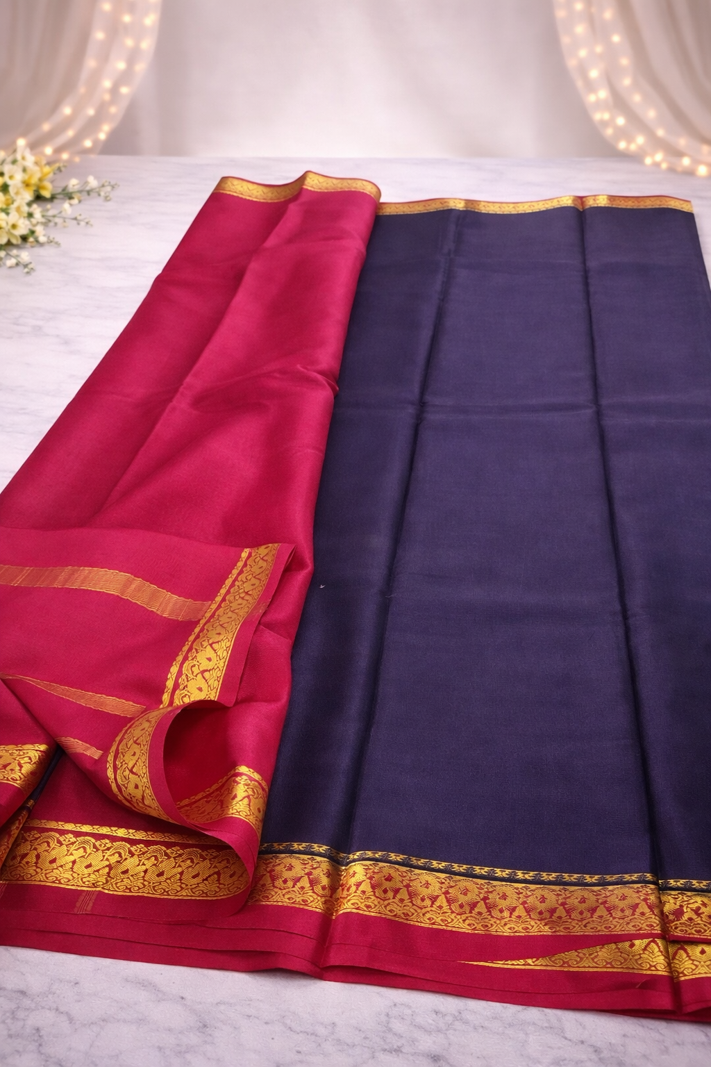 Dual Tone Navy Blue & Rani Pink Soft Silk Saree with Gold Zari