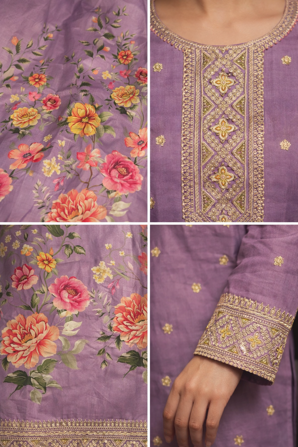 Lavender Bloom Silk Kurti Palazzo Set with Floral Dupatta