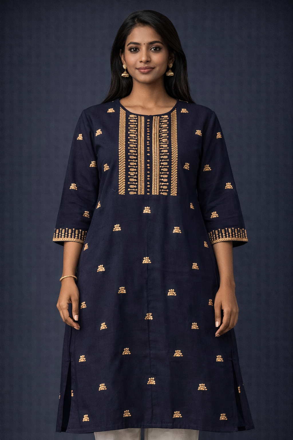 Navy Blue Embroidered Straight Kurti