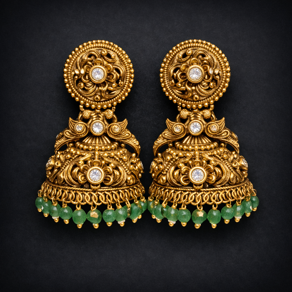 Antique Gold Floral Jhumka with Green Bead Drops