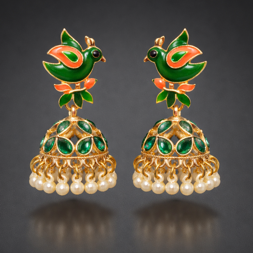 Peacock Green Enamel Jhumka Earrings with Pearl Drops