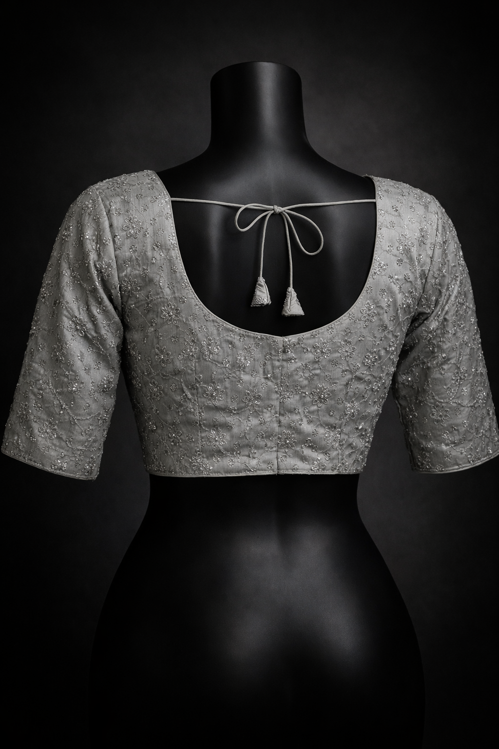 Elegant Silver Grey Embroidered Designer Blouse with Tassels