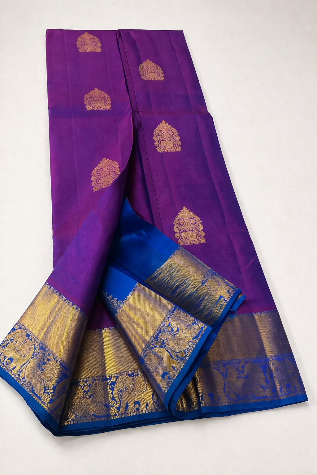 Royal Purple Pure Pattu Silk Saree with Royal Blue Contrast Border & Gold Zari Elephants