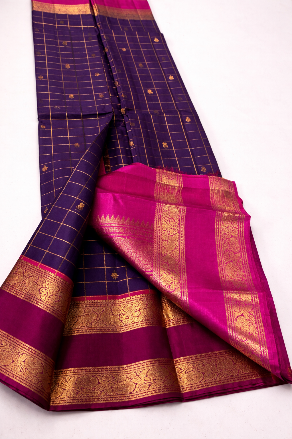 Royal Violet Kanchipuram Pattu Silk Saree with Magenta Border & Gold Zari Elephant Pallu