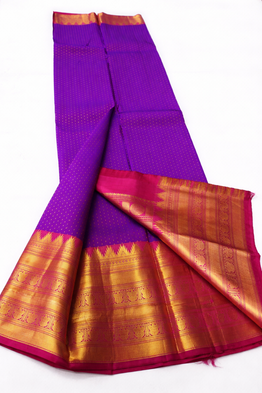 Royal Purple Kanchipuram Pattu Silk Saree with Rani Pink Border 2gram Gold Zari Pallu