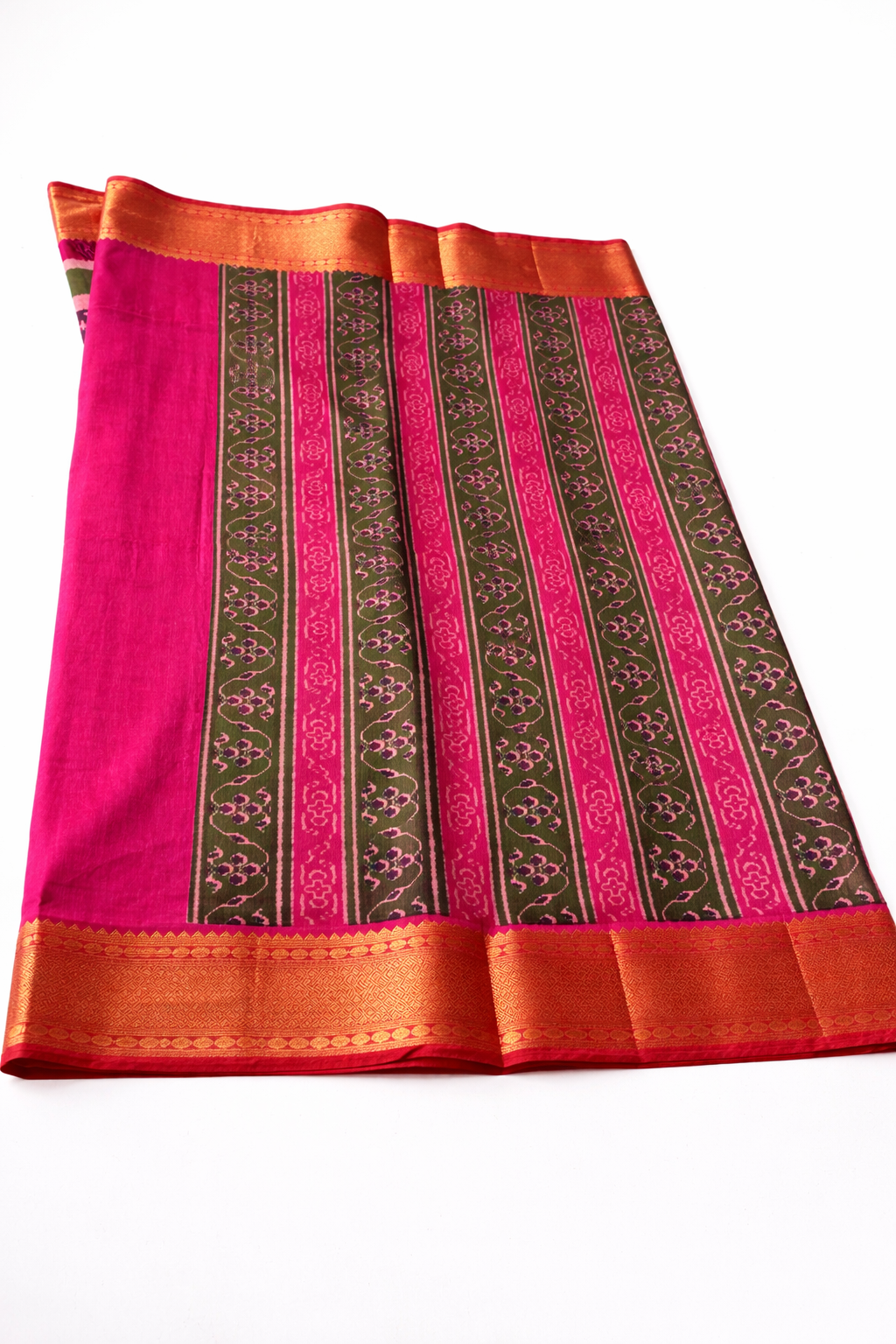 Purple Pochampally Semi Silk Saree with Contrast Pink Blouse & Green Designer Pallu