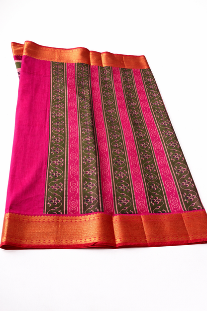 Purple Pochampally Semi Silk Saree with Contrast Pink Blouse & Green Designer Pallu