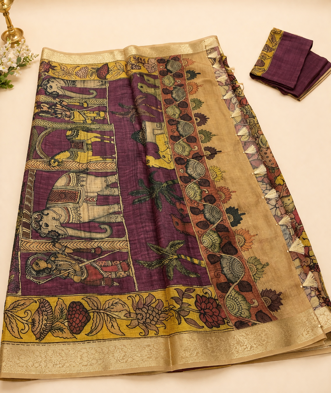 Deep Maroon Kalamkari Printed Chinnori Silk Saree(Ready to Wear with Fall & Pico)