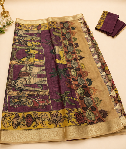 Deep Maroon Kalamkari Printed Chinnori Silk Saree(Ready to Wear with Fall & Pico)
