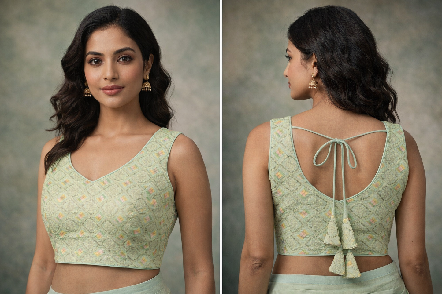 Pastel Green Jacquard Designer Blouse