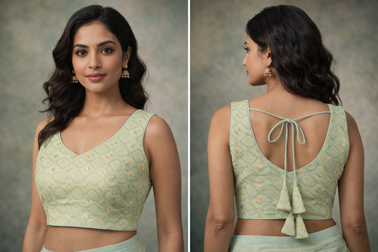 Pastel Green Jacquard Designer Blouse