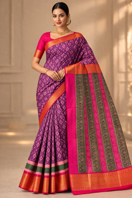Purple Pochampally Semi Silk Saree with Contrast Pink Blouse & Green Designer Pallu