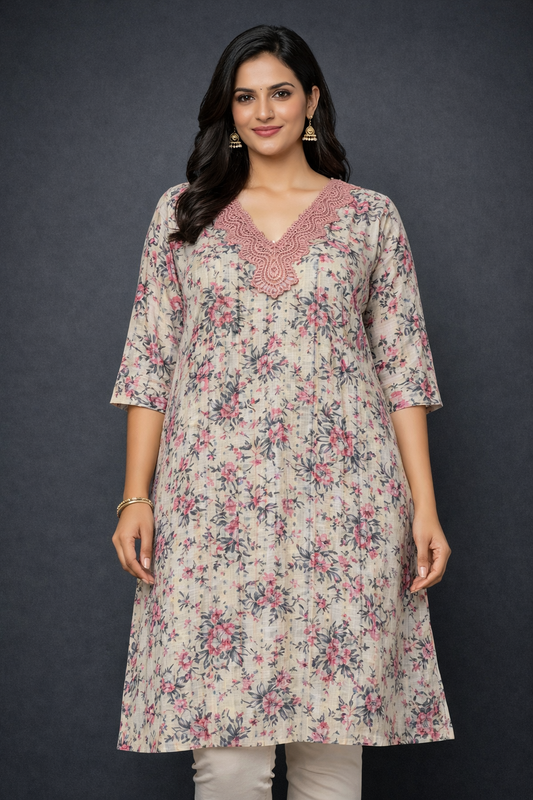 Beige Floral Printed A-Line Kurti