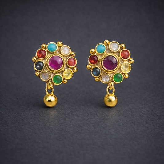 Navaratna Gold Drop Stud Earrings
