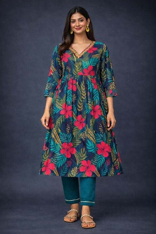 Teal Floral Printed A-Line Kurti
