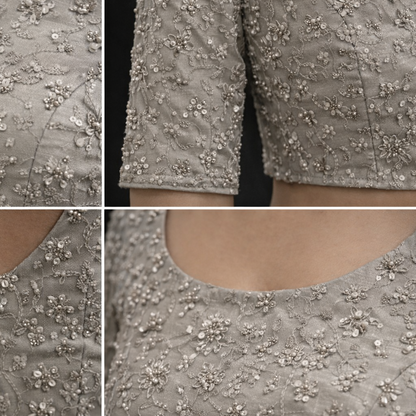 Elegant Silver Grey Embroidered Designer Blouse with Tassels