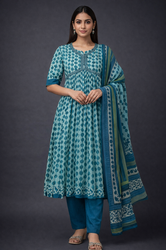 Teal Blue Printed Anarkali Kurti Set