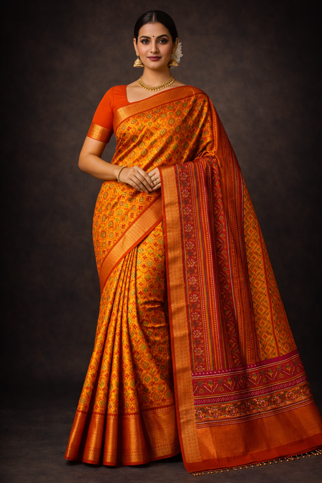 Mustard Orange Pochampally Semi Silk Saree with Rich Zari Border & Contrast Red Pallu