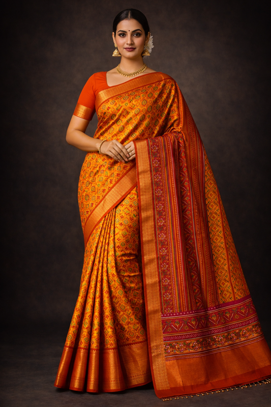 Mustard Orange Pochampally Semi Silk Saree with Rich Zari Border & Contrast Red Pallu