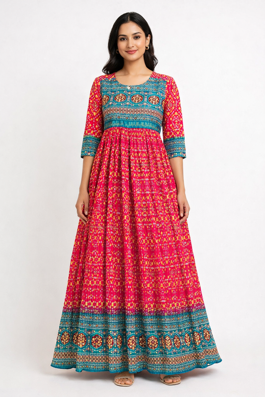 Vibrant Pink Printed Anarkali Style Kurti