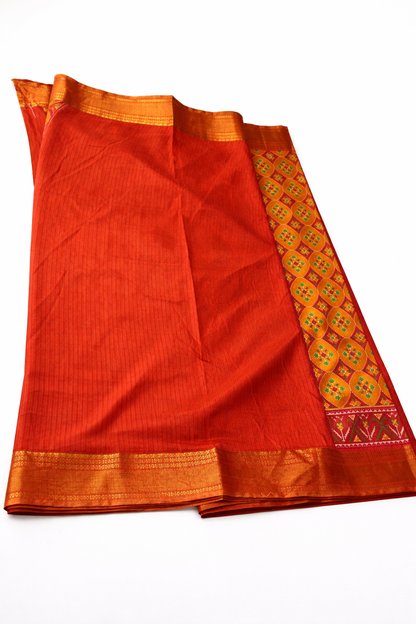 Mustard Orange Pochampally Semi Silk Saree with Rich Zari Border & Contrast Red Pallu