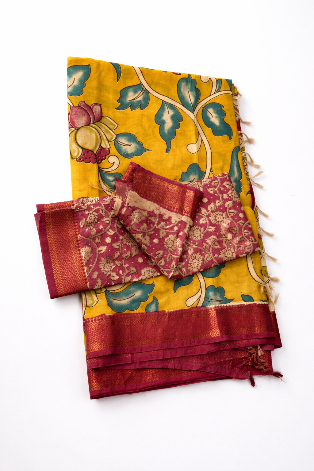 Mustard Yellow Kalamkari Print Saree with Contrast Pink Border & Traditional Pallu – (Ready with Fall & Pico)