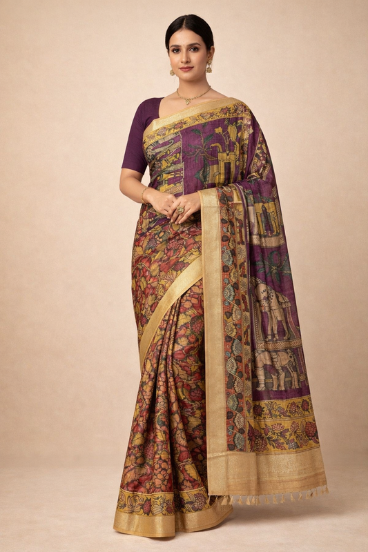 Deep Maroon Kalamkari Printed Chinnori Silk Saree(Ready to Wear with Fall & Pico)