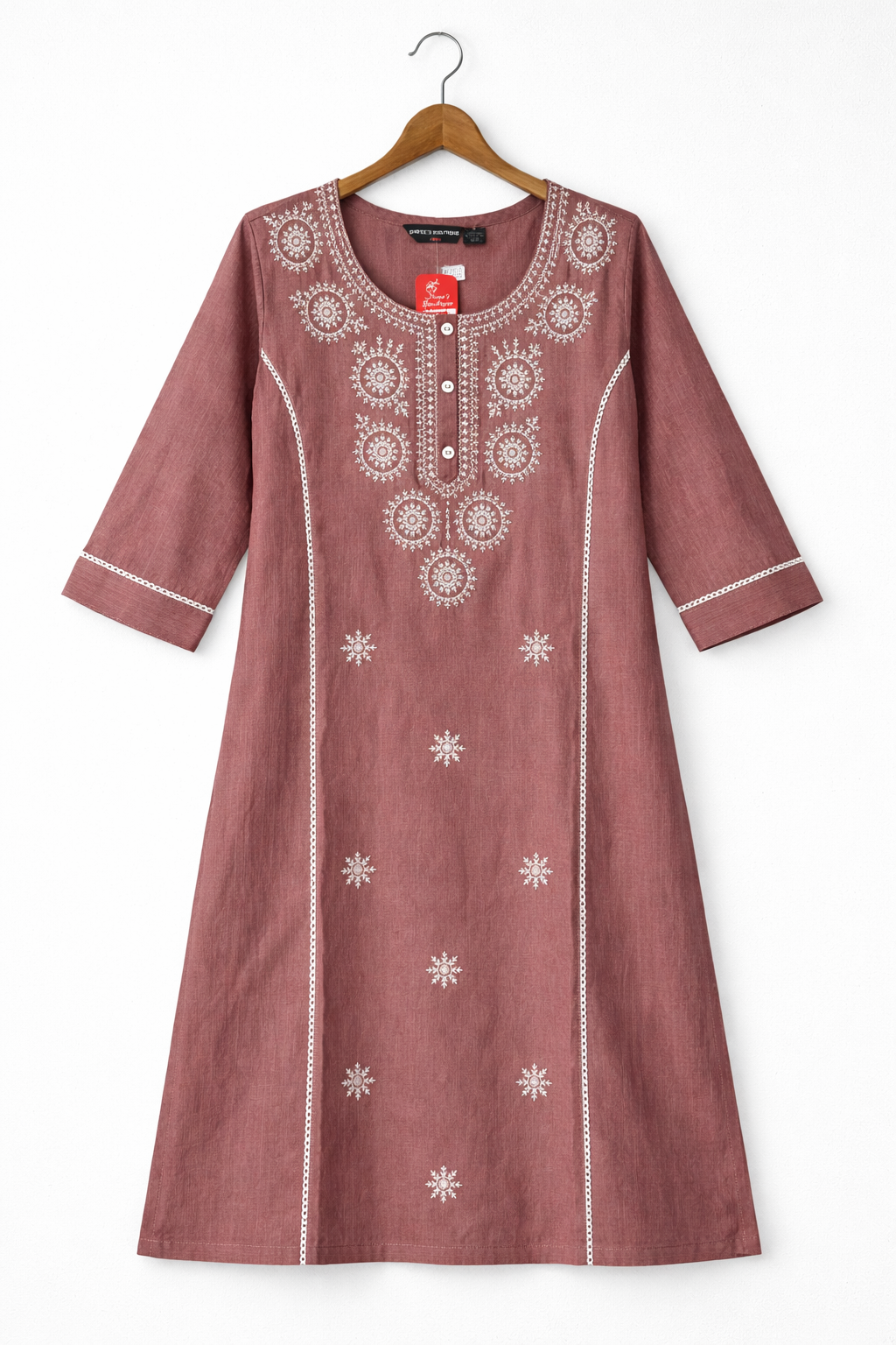 Rust Rose Floral Embroidered Kurti