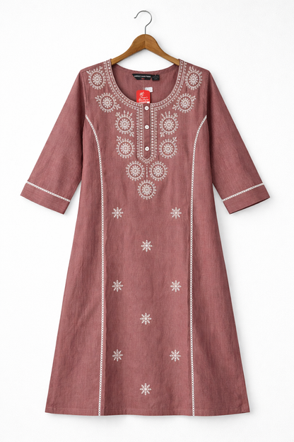 Rust Rose Floral Embroidered Kurti
