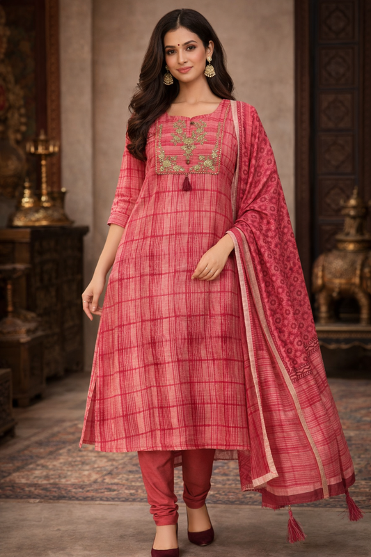 Rose Pink Printed Cotton Chudithar Set