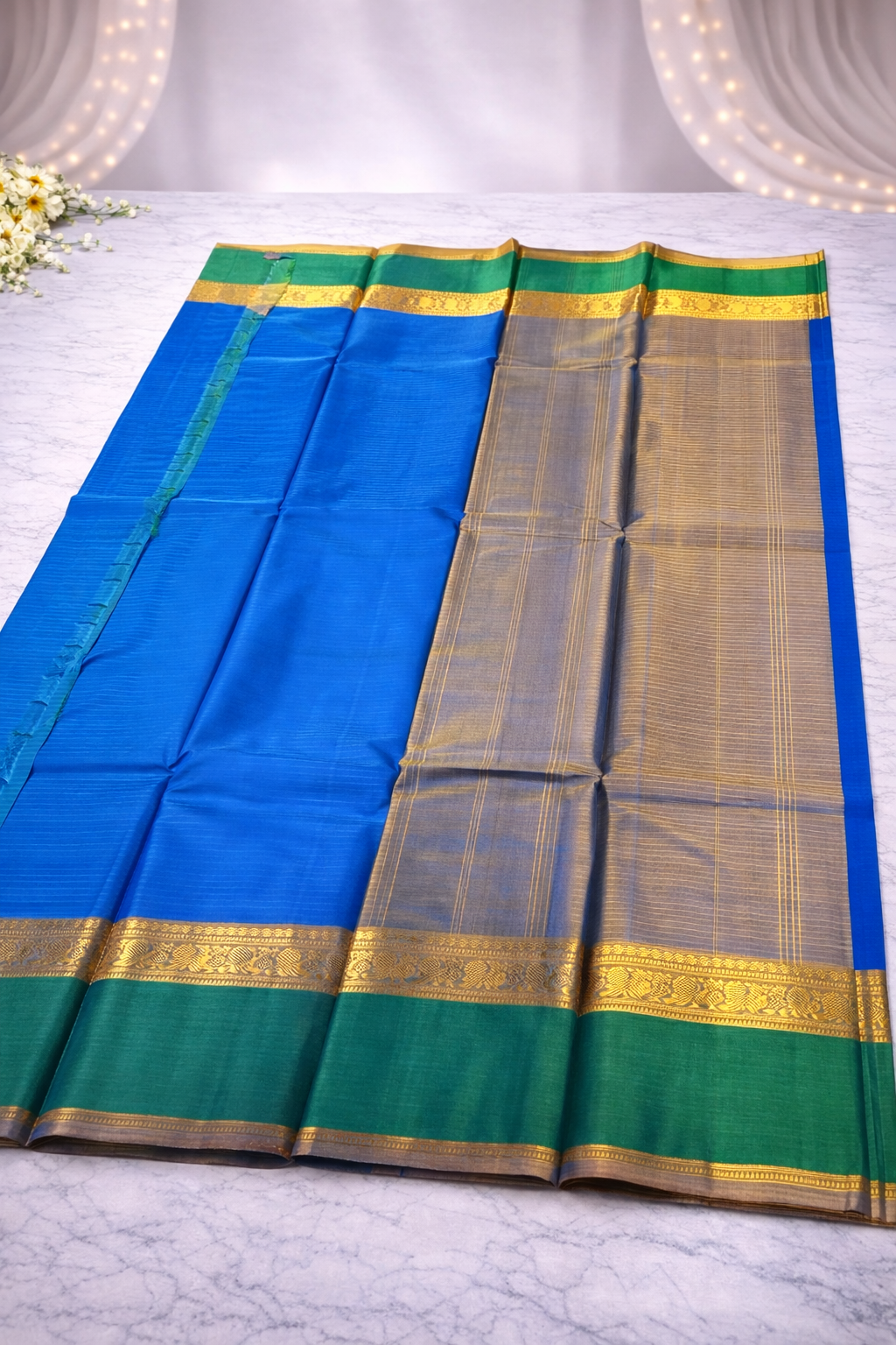 Royal Blue Silk Saree with Emerald Green & Gold Zari Border