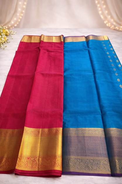Royal Rani Pink & Teal Blue Soft Silk Saree with Rich Gold Zari Work