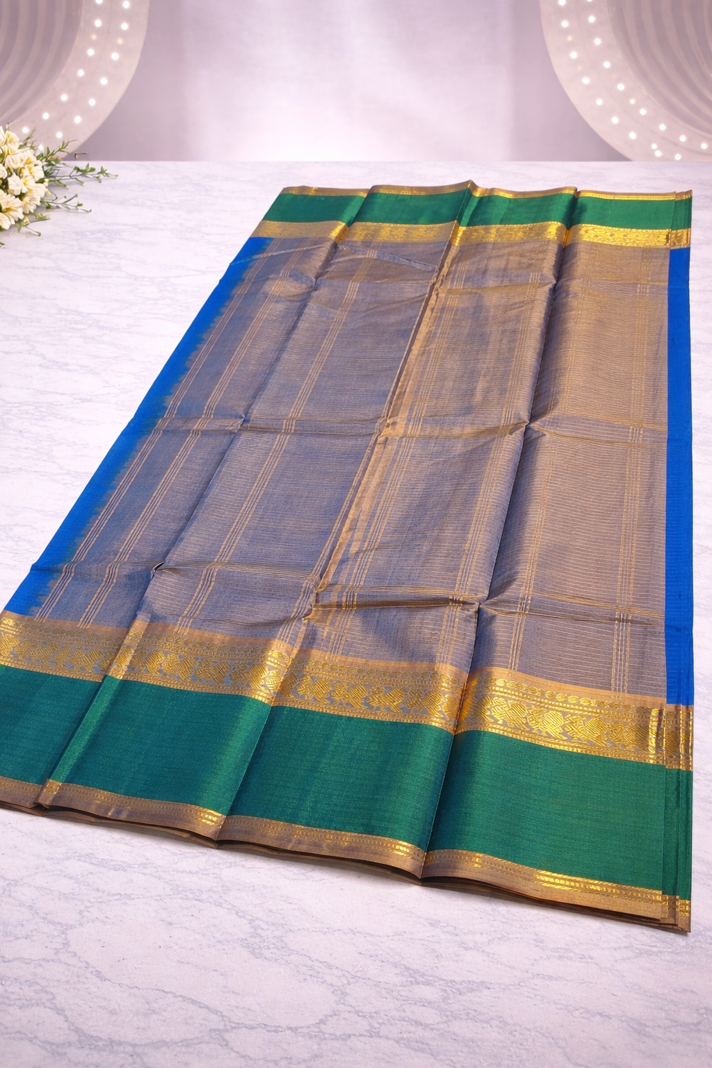 Royal Blue Silk Saree with Emerald Green & Gold Zari Border