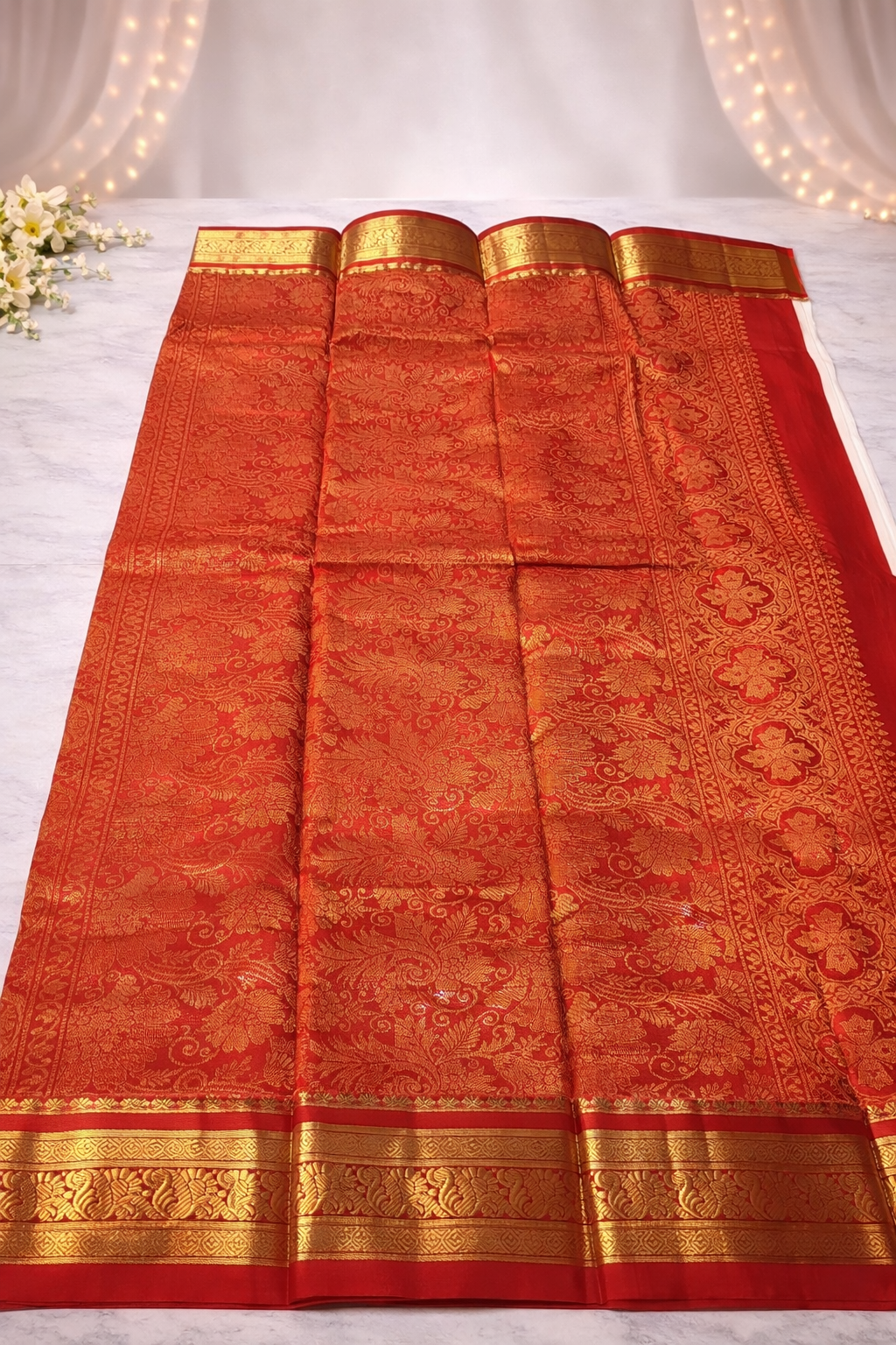 Elegant Ivory Silk Saree with Rich Sindoor Red & Gold Zari Border