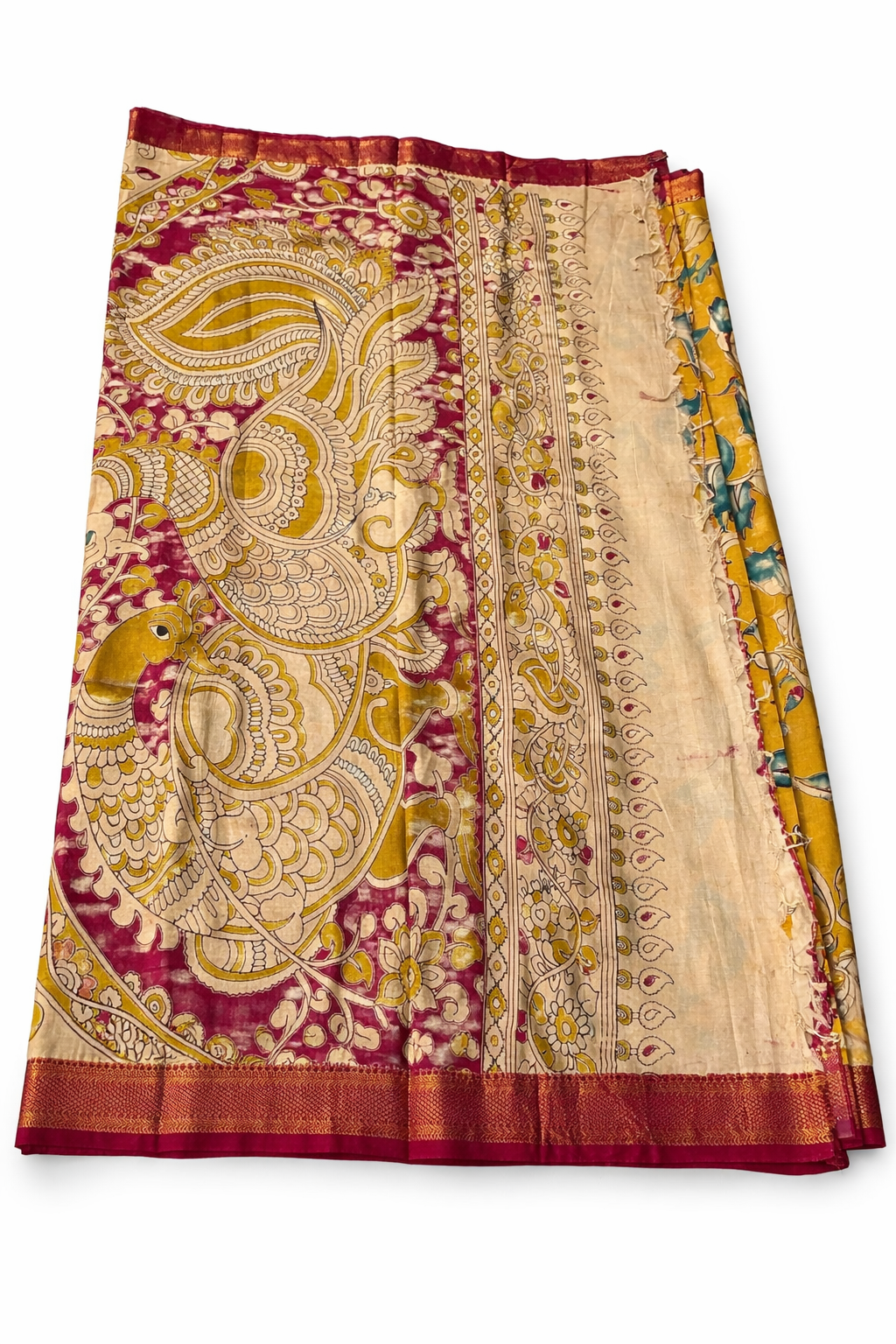Mustard Yellow Kalamkari Print Saree with Contrast Pink Border & Traditional Pallu – (Ready with Fall & Pico)