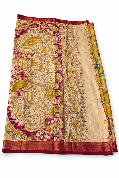 Mustard Yellow Kalamkari Print Saree with Contrast Pink Border & Traditional Pallu – (Ready with Fall & Pico)