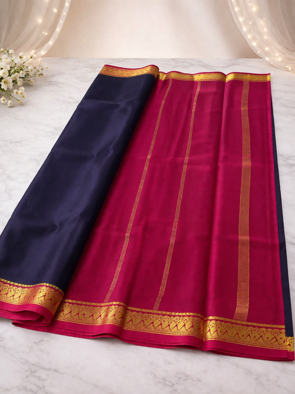 Dual Tone Navy Blue & Rani Pink Soft Silk Saree with Gold Zari
