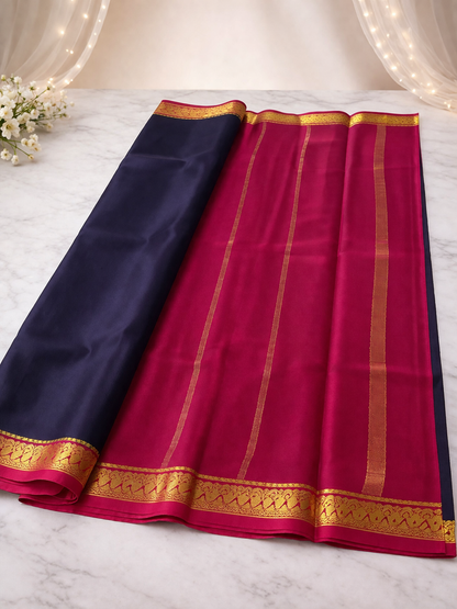 Dual Tone Navy Blue & Rani Pink Soft Silk Saree with Gold Zari