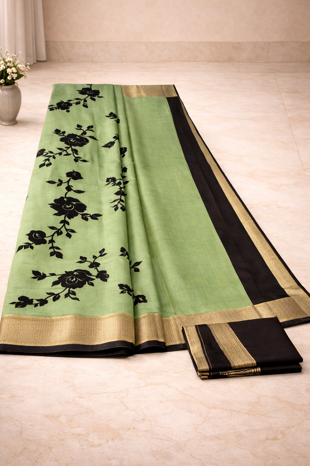 Elegant Floral Print Linen Saree with Contrast Border & Rich Pallu (Ready with Fall & Pico)