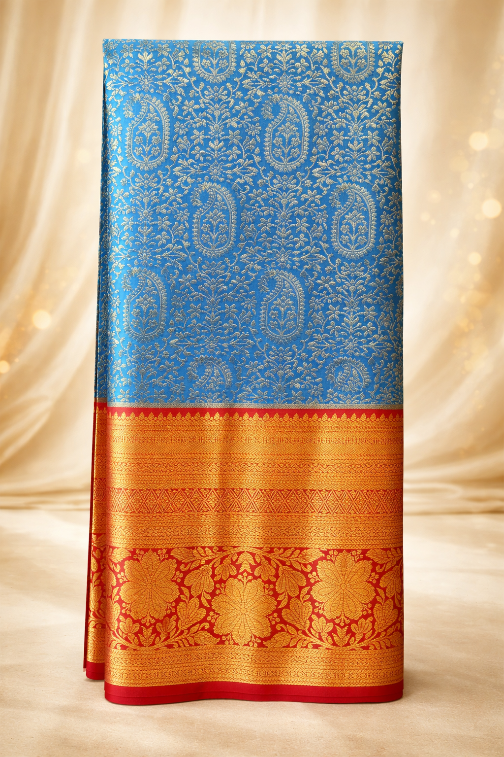 Sky Blue & Vermilion Red Kanchipuram Silk Saree with Rich Gold Zari Border