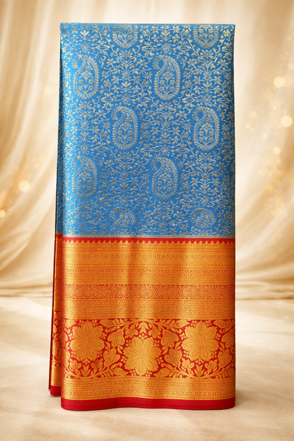 Sky Blue & Vermilion Red Kanchipuram Silk Saree with Rich Gold Zari Border