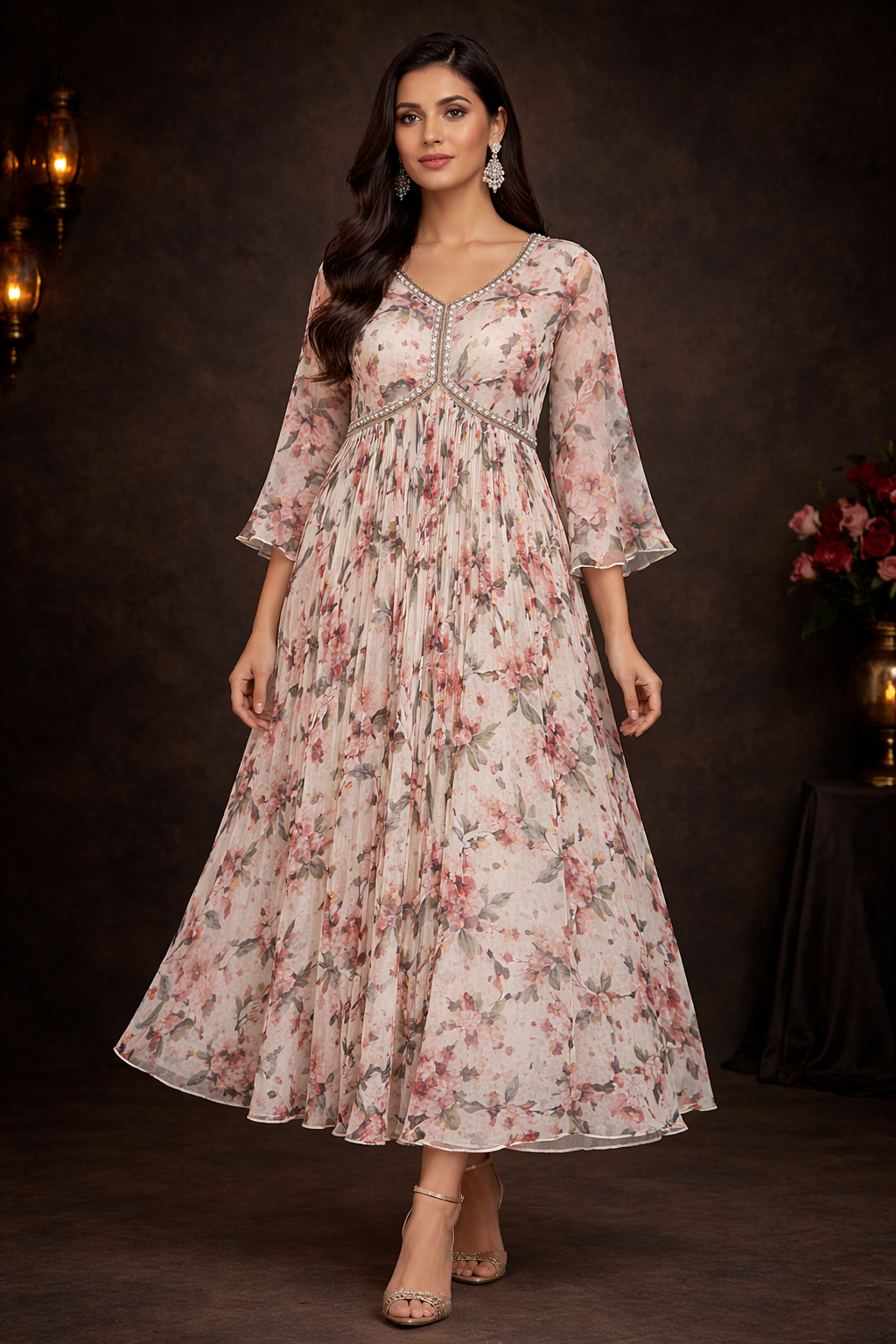 Elegant Floral Printed Anarkali Dress