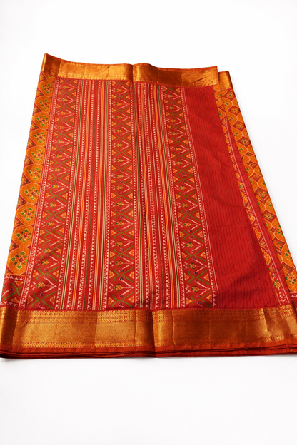 Mustard Orange Pochampally Semi Silk Saree with Rich Zari Border & Contrast Red Pallu