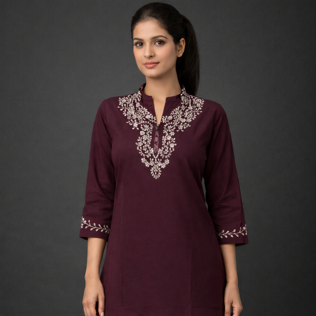 Wine Elegance Embroidered Kurti